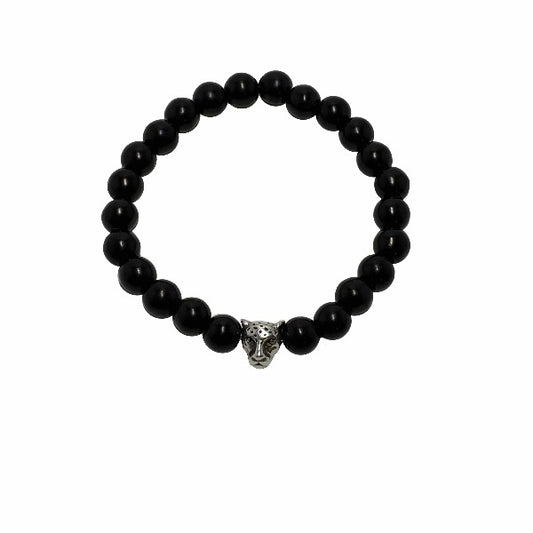 Χειροποίητο βραχιόλι με πάνθηρα στο κέντρο. Χαντρες από χαολίτη και ασημένια κεφαλή ζώου απο 999 ασημένια επιμετάλλωση.Ameliorate Jewels